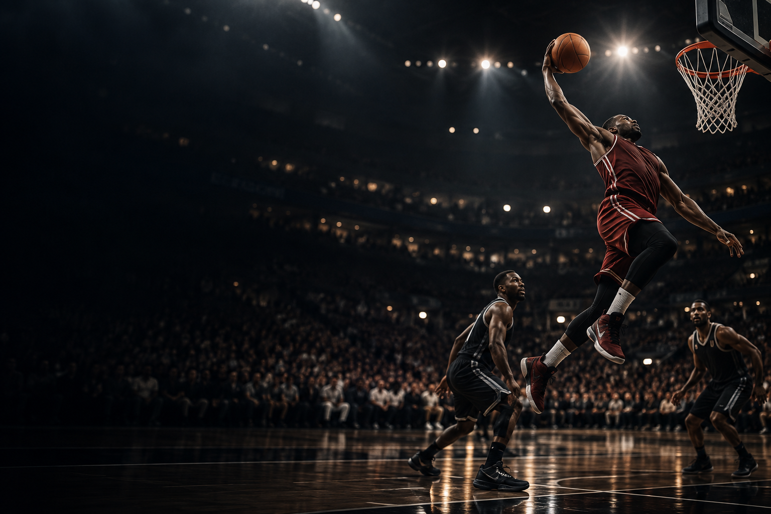 Basketball players competing under arena lights