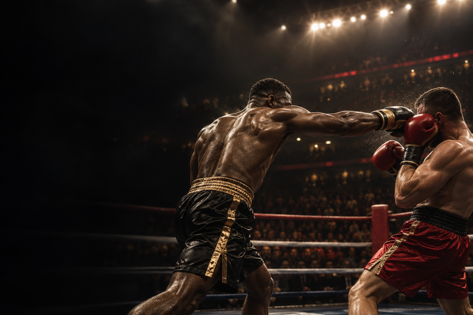 Two boxers competing in a floodlit ring