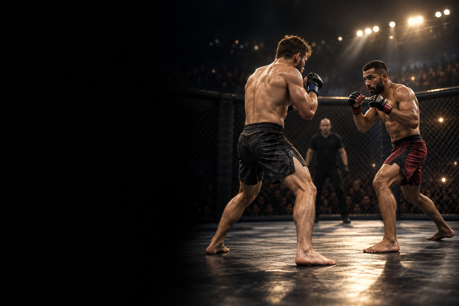Mixed martial artists competing in an arena